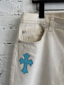 CHROME HEARTS WHITE LEVIS 501 W/BLUE CROSS PATCHES & RHODIUM HARDWARE