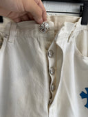 CHROME HEARTS WHITE LEVIS 501 W/BLUE CROSS PATCHES & RHODIUM HARDWARE