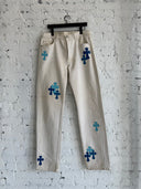 CHROME HEARTS WHITE LEVIS 501 W/BLUE CROSS PATCHES & RHODIUM HARDWARE