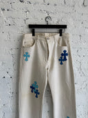 CHROME HEARTS WHITE LEVIS 501 W/BLUE CROSS PATCHES & RHODIUM HARDWARE