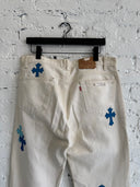 CHROME HEARTS WHITE LEVIS 501 W/BLUE CROSS PATCHES & RHODIUM HARDWARE