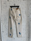 CHROME HEARTS WHITE LEVIS 501 W/BLUE CROSS PATCHES & RHODIUM HARDWARE